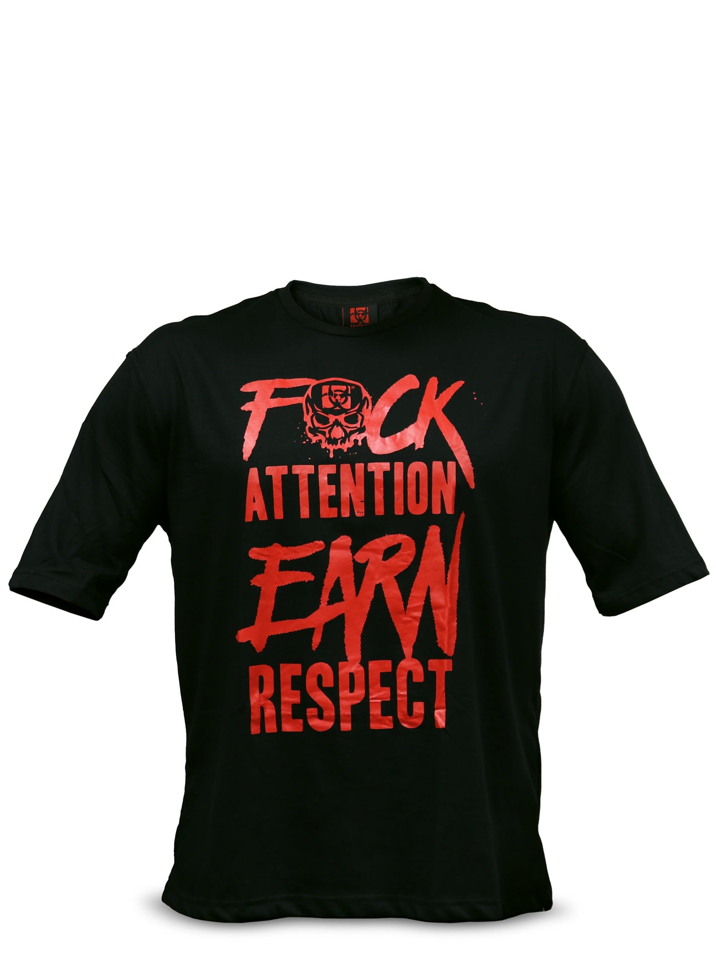 Front view of Black 'Dusty Says' Mutant Oversized Gym T-shirt featuring Dusty's motto 'F*ck attention earn respect' in red. White background.