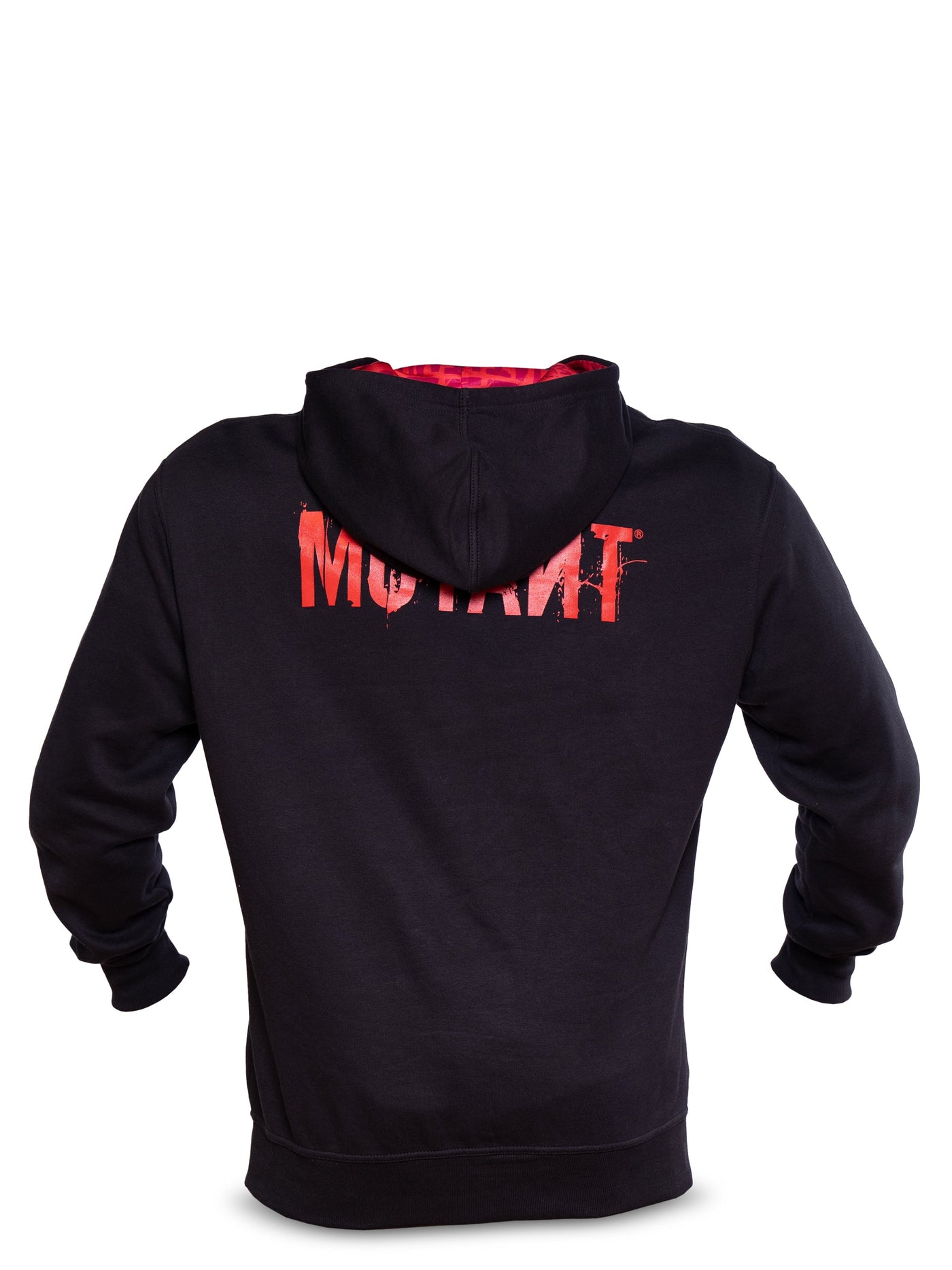 Back view of Black Mutant Patched Zip-Up Gym Hoodie featuring a red Mutant logo on the back. White background.