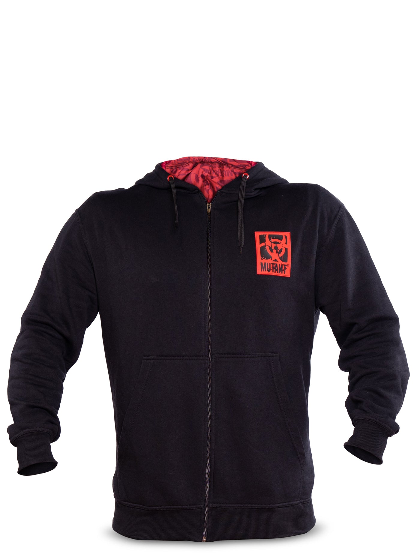 Front view of Black Mutant Patched Zip-Up Gym Hoodie with red and black logo patch on the left chest, two pockets, and red internal hood lining with red watermarked Mutant logo. White background.