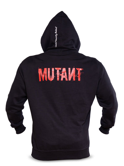 Back view of Black Mutant Patched Zip-Up Gym Hoodie featuring a red Mutant logo on the back and the Mutant motto 'Leave Humanity Behind' in white on the hood. White background.