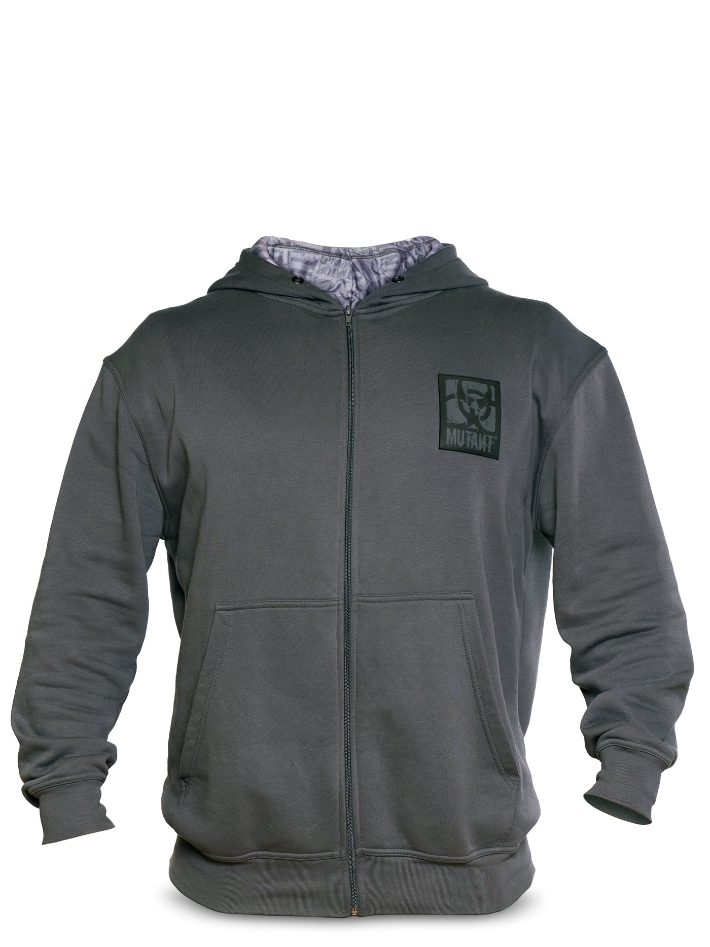Front view of Grey Mutant Patched Zip-Up Gym Hoodie with black logo patch on left chest, two pockets, and light grey internal hood lining with watermarked Mutant logo. White background