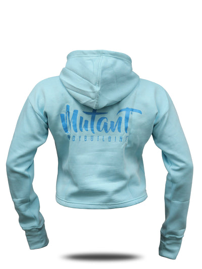 Sky blue Mutant Thick Script Women's Gym Crop Hoodie with a blue 'Mutant Bodybuilding' text on the back. White background.