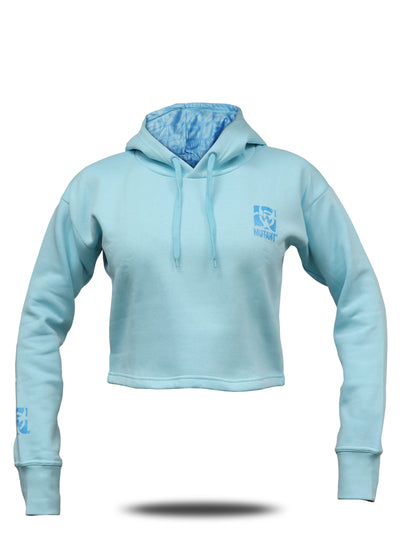 Sky blue Mutant Thick Script Women's Gym Crop Hoodie with a blue Mutant logo on chest and wrist, featuring blue internal hood lining with watermarked Mutant logo. White background.