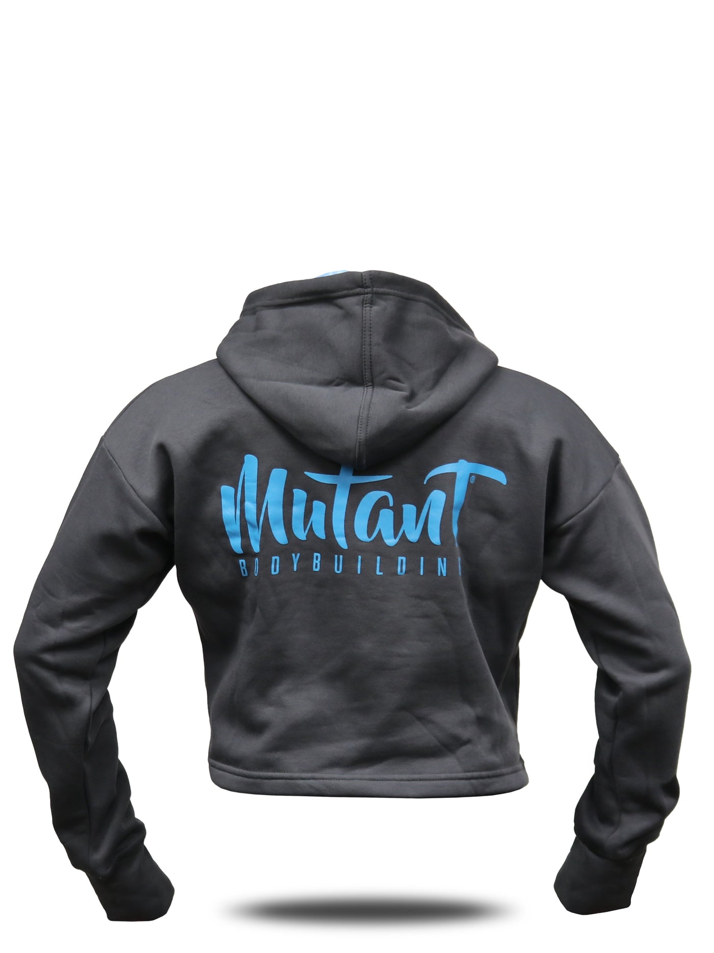 Livid Grey Mutant Thick Script Women's Gym Crop Hoodie with a blue 'Mutant Bodybuilding' text on the back. White background.